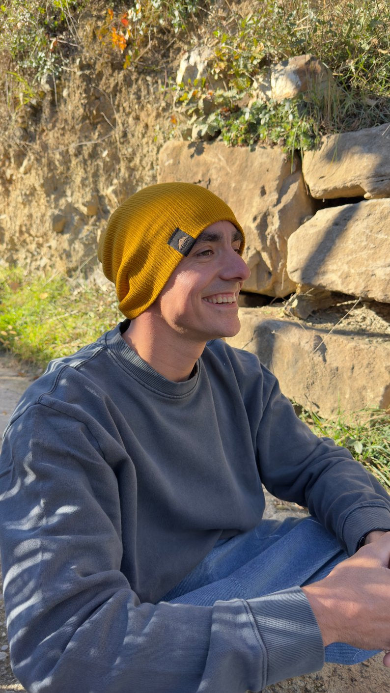Gorro beanie multiposición algodón amarillo mostaza